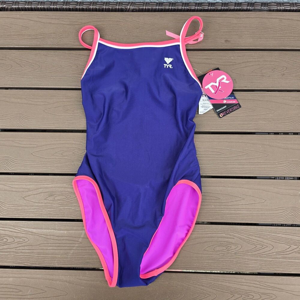 TYR Swimsuit Womens Navy/pink/purple Hydra Span Reversible Diamond Fit Sz S New